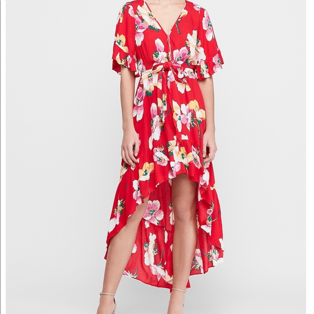 Express Floral Flutter Sleeve High Low Maxi Dress